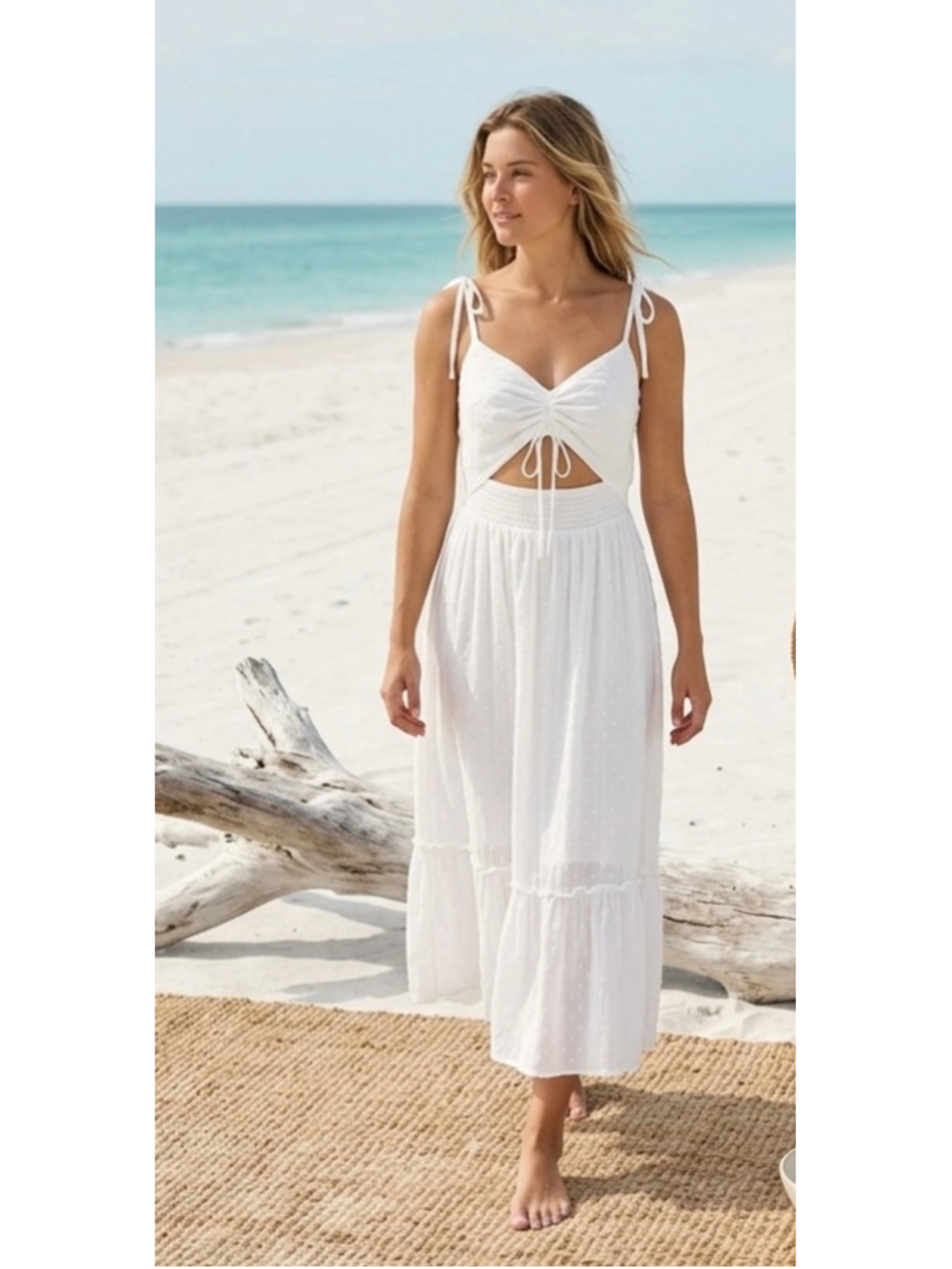 Hollister White Swiss Dot Cutout Maxi Dress Smocked High Low Tie Strap Small Boh
